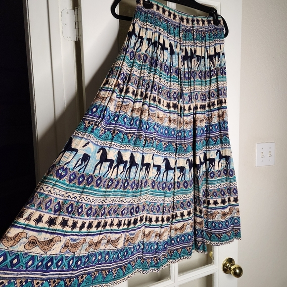 Vintage Phool Western Horse Bird Print Boho Crinkle Lightweight Midi Skirt Small - Picture 5 of 9
